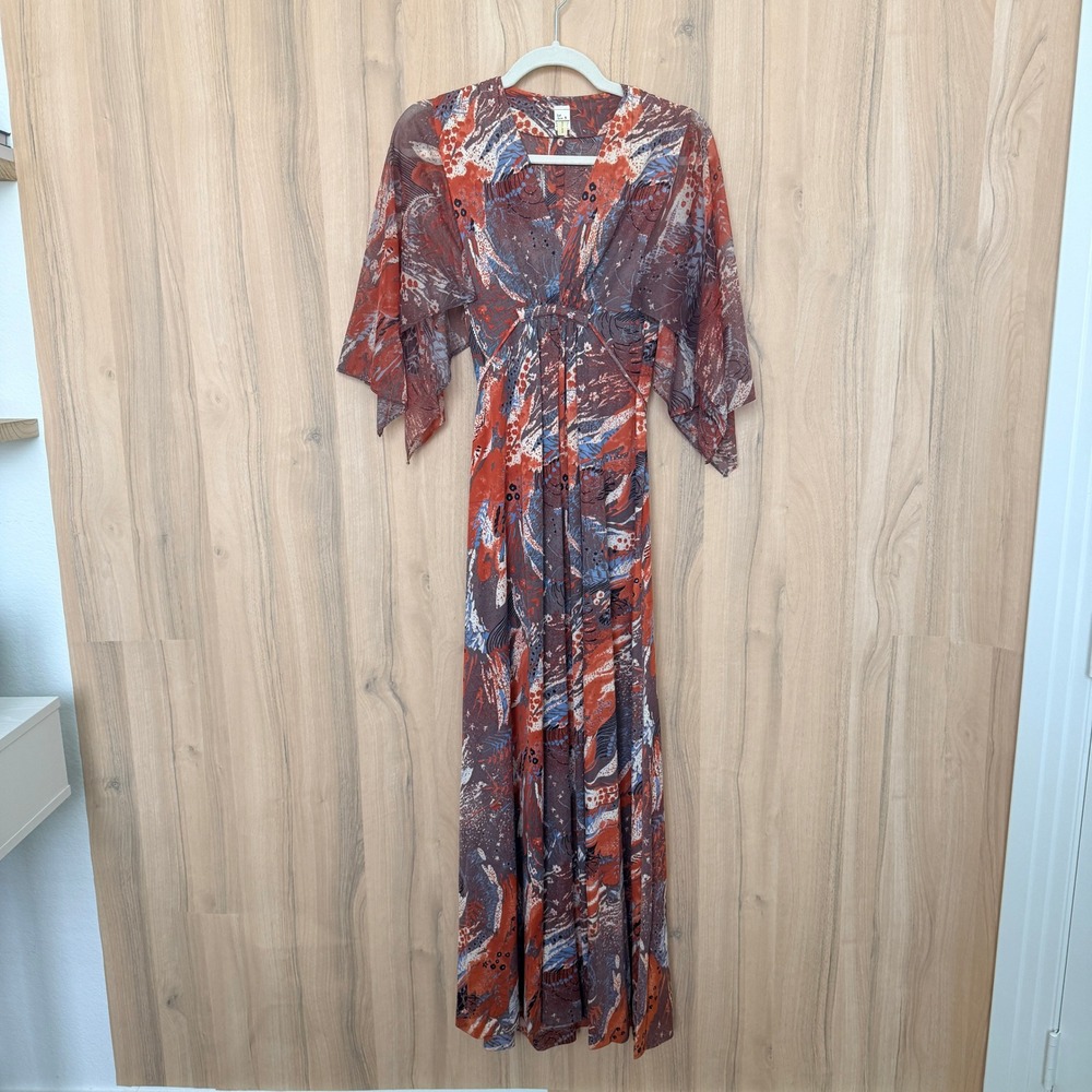 Vintage 70s Maxi Dress ‎ Small Red Blue Union Abstract Angel Sleeve Boho Artsy